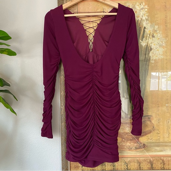 Oh Polly Mini Dress Womens Purple Wine Lace Up Ruched Long Sleeve Bodycon Size 4 - Picture 10 of 13